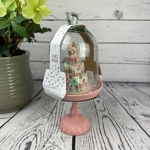 34th & Pine Other - Christmas Glittery Gingerbread Castle Village in Cloche on Pastel Pink Pedestal